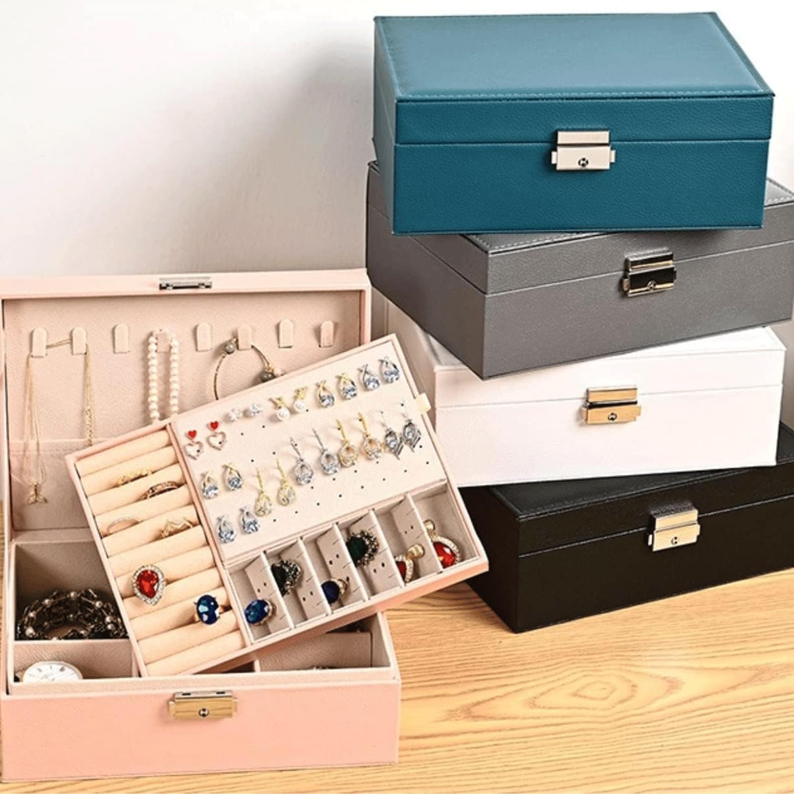 Caja de joyería de cuero PU, caja de almacenamiento de collares de 2 capas, caja organizadora de joyas con cerradura para anillos, pendientes, collares