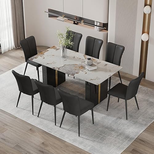 Miniatura 12 de Juego de mesa de comedor moderno de 71 pulgadas para 6, juegos de comedor para 6, mesa de mármol sintético de cocina y sillas de piel sintética,