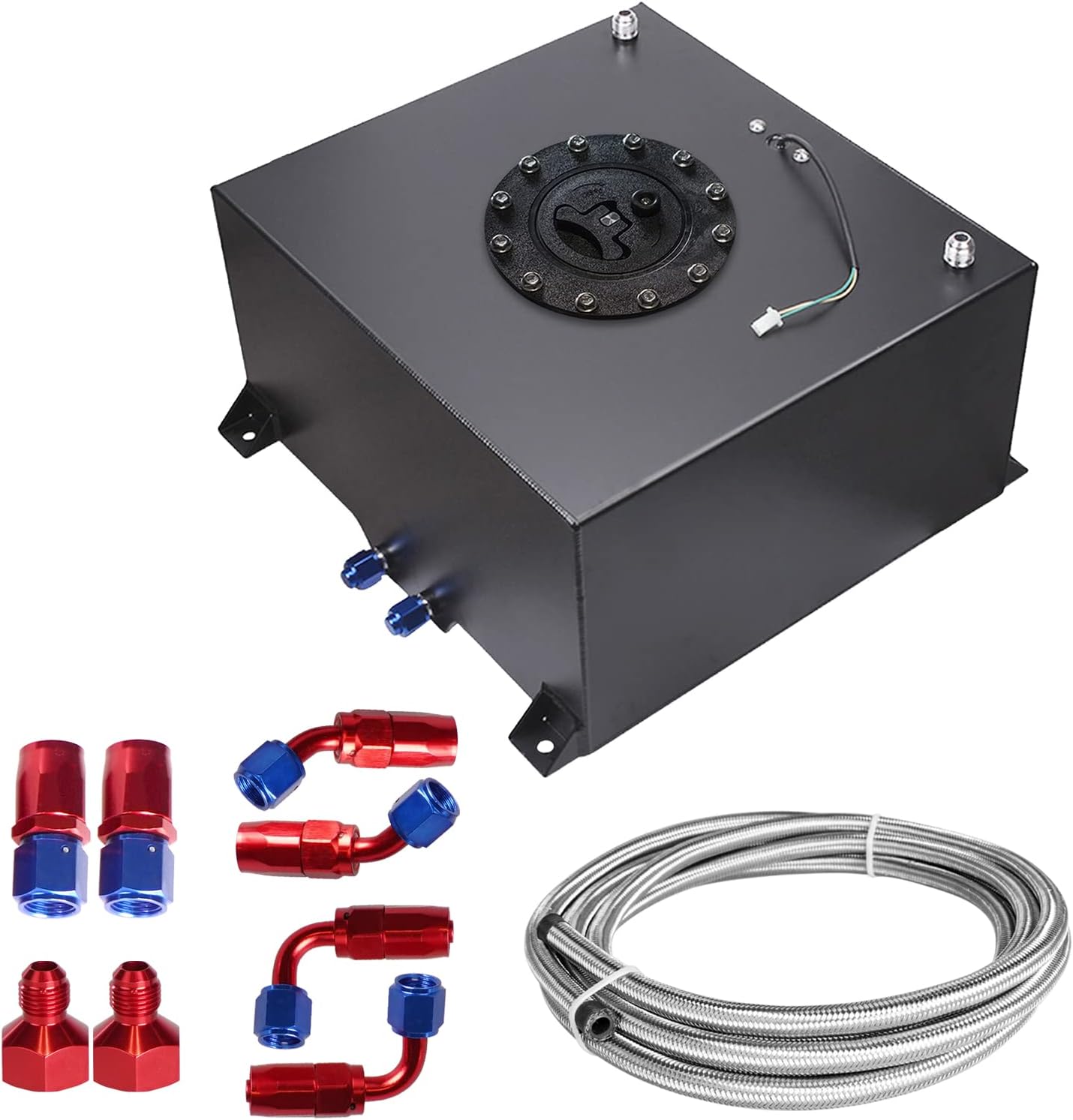 Universal 10 Gallon 40L Fuel Cell Tank Polished Aluminum Black with Cap/Level Sender/12FT Oil Feed Line