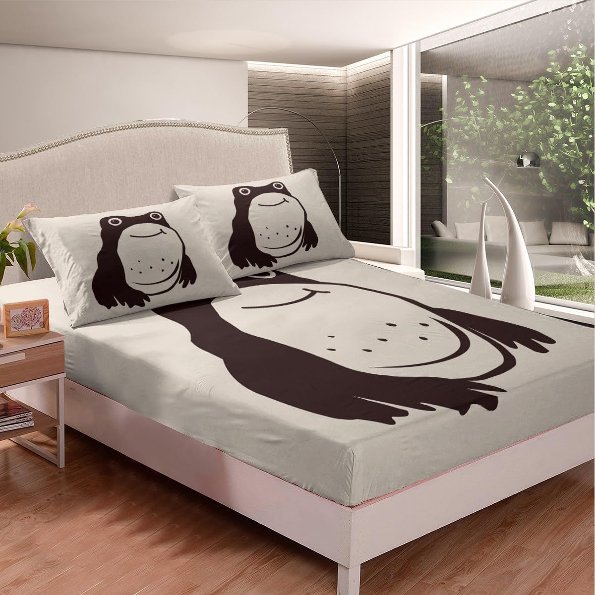 Erosebridal Unimpressed Frog Queen Fitted Sheet Traditional Japanese Frog Bedding Set for Kids Adults Room Decor Cute Anime Style Animal Bed Sheets Soft Microfiber Fitted Bed Sheet 3 Pcs