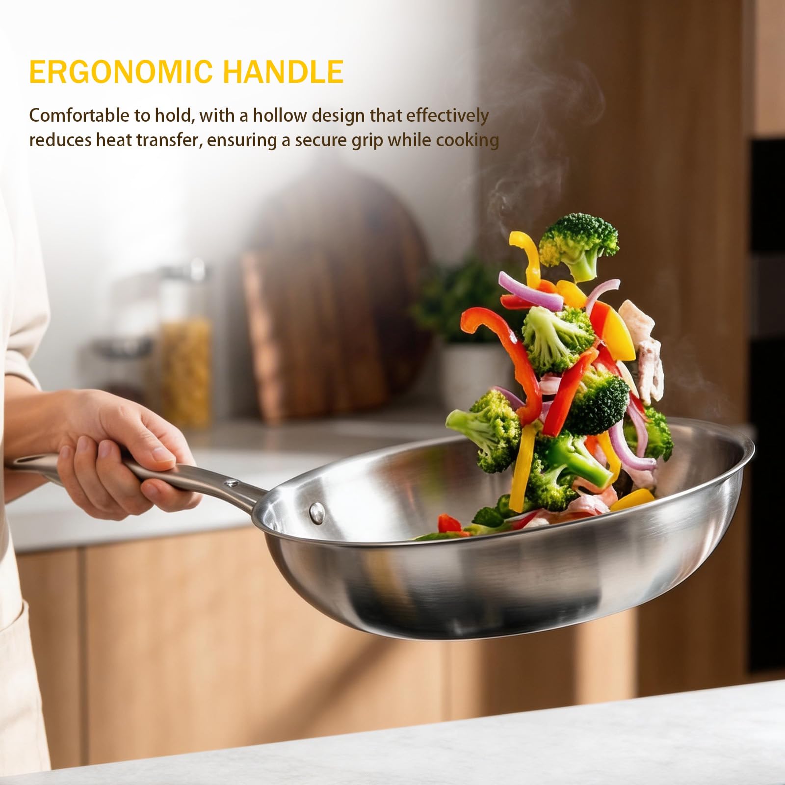 Poele Inox 30cm avec Couvercle,Acier Inoxydable Tri-couche, Chauffe Rapide