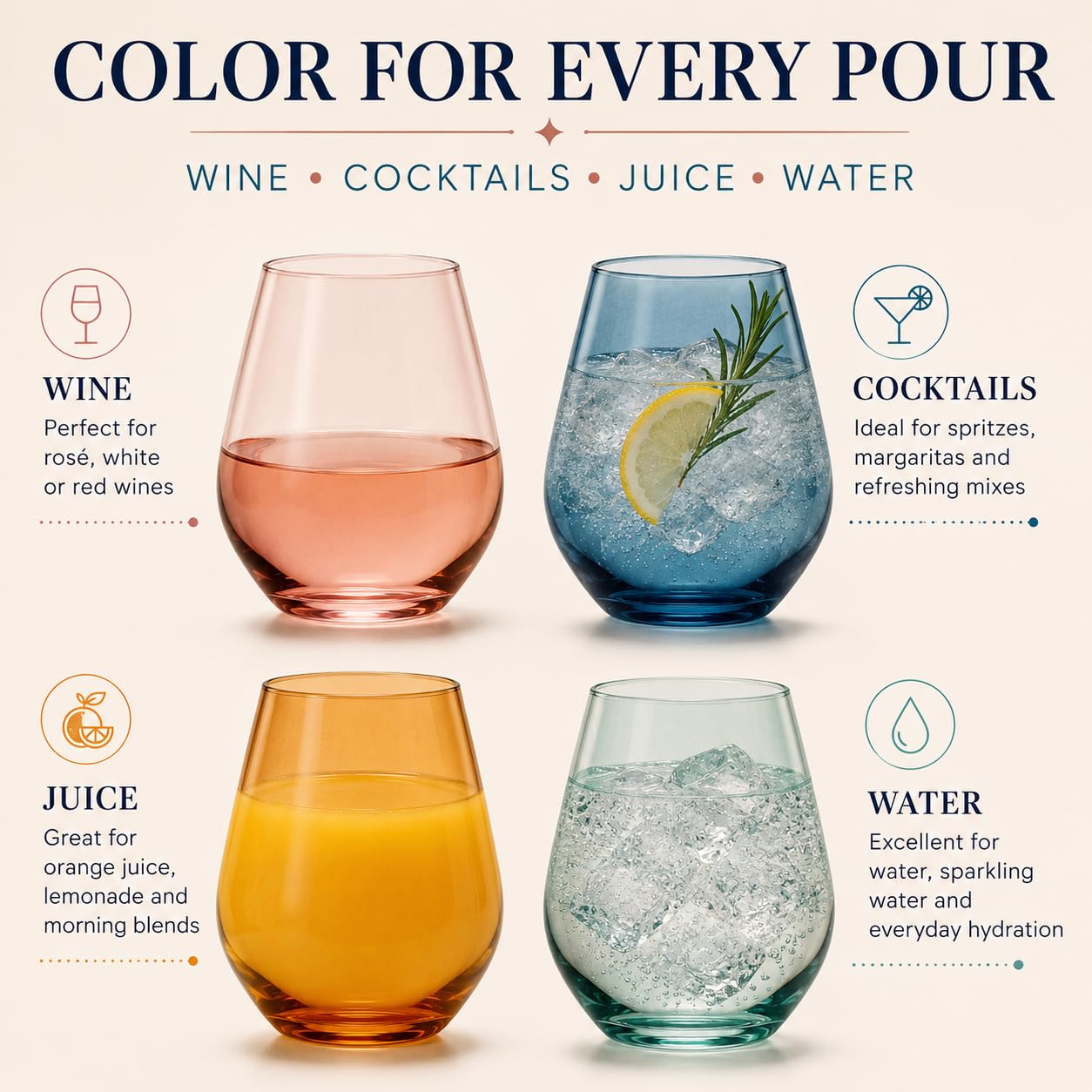 Colorful Wine Glasses Set - 6 Stemless Goblets -4 Colorful Wine Glasses Set - 6 Stemless Goblets -4