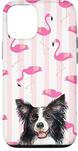 iPhone 15 Pro Border Collie Dog Flamingo Pink & White Stripes Case