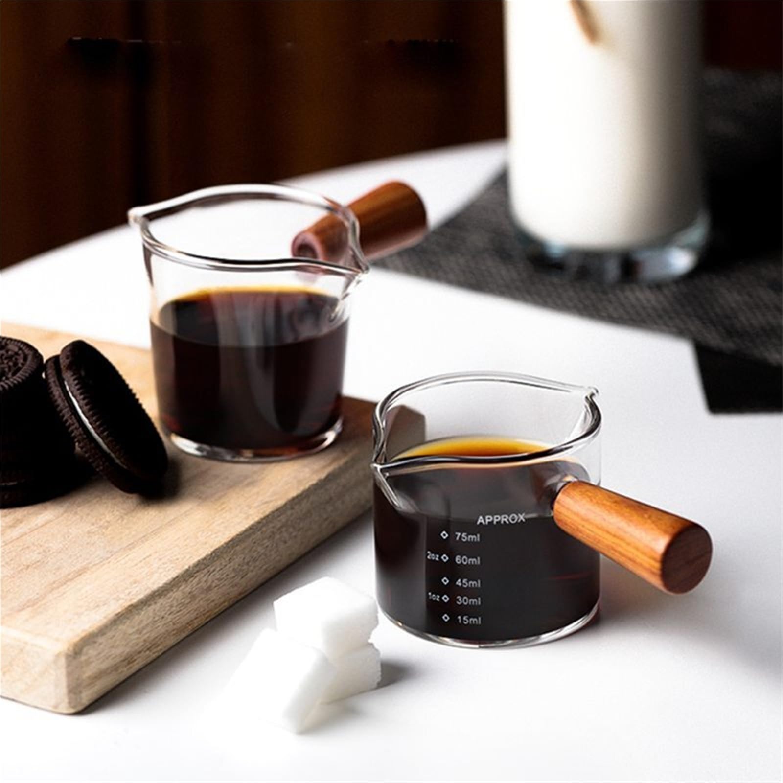 Taza medidora de café expreso con mango madera, jarra leche doble/boca única, tazas medidas a escala, 2 uds para Latte Art(Transparent A-70ml)