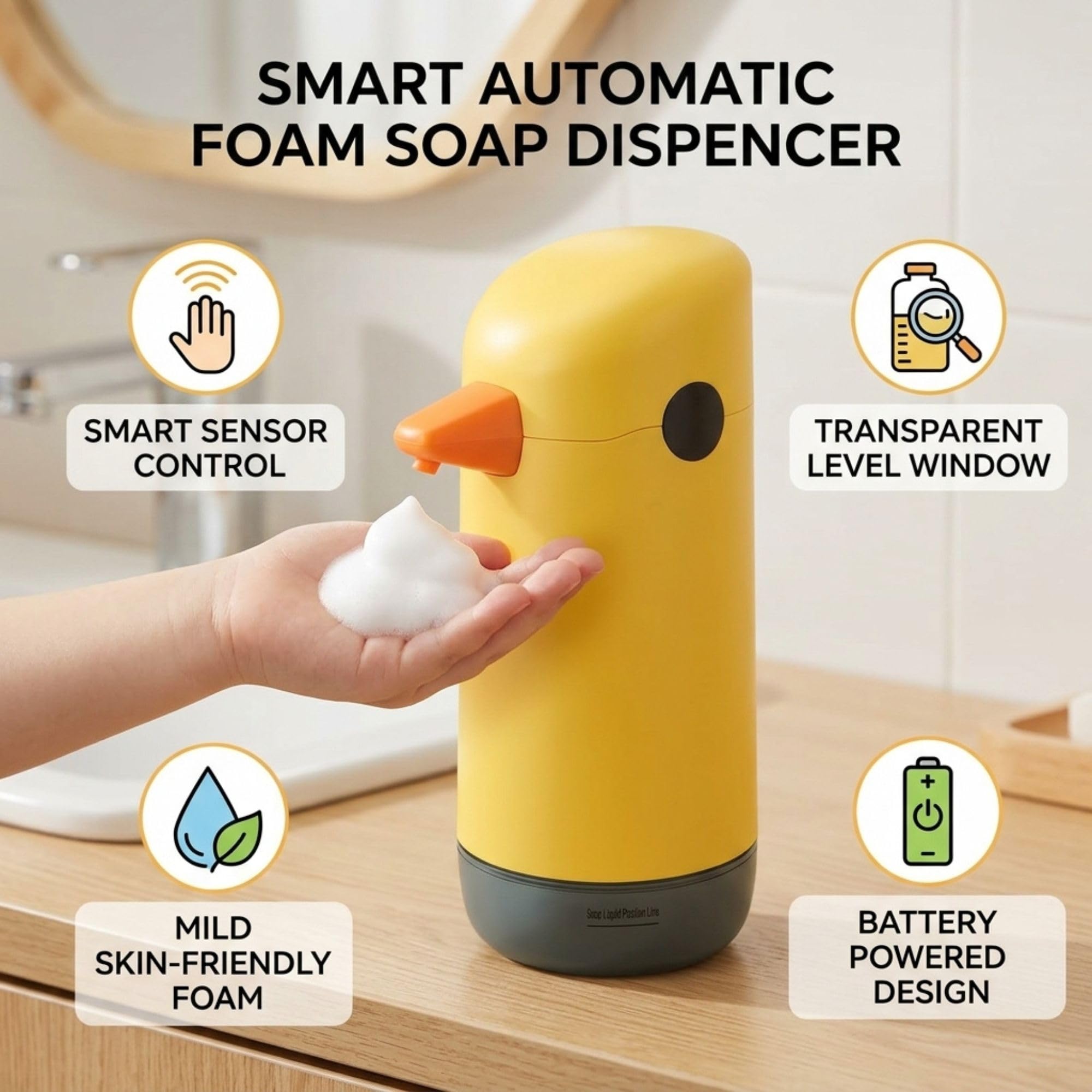 Sxhlseller Dispenser Automatico di Sapone Touchless per Bambini, Simpatico Dispenser di Sapone in Schiuma di Anatra Gialla con Sensore Intelligente, Uscita di Schiuma Regolabile e Livello del
