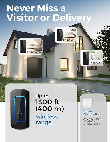 Miniatura 2 de AVANTEK Timbre inalámbrico D-3C, kit de timbre de puerta de largo alcance de 1300 pies, 52 melodías, volumen de hasta 115 dB y flash LED con 2