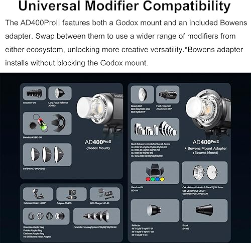Vista 9 de GODOX AD400 Pro II AD400Pro II AD400ProII 2.4G TTL 1/8000 HSS 400Ws Flash para exteriores, Batería de 21.6V/2600mAh, Tiempo de reciclaje de 0.01~1s