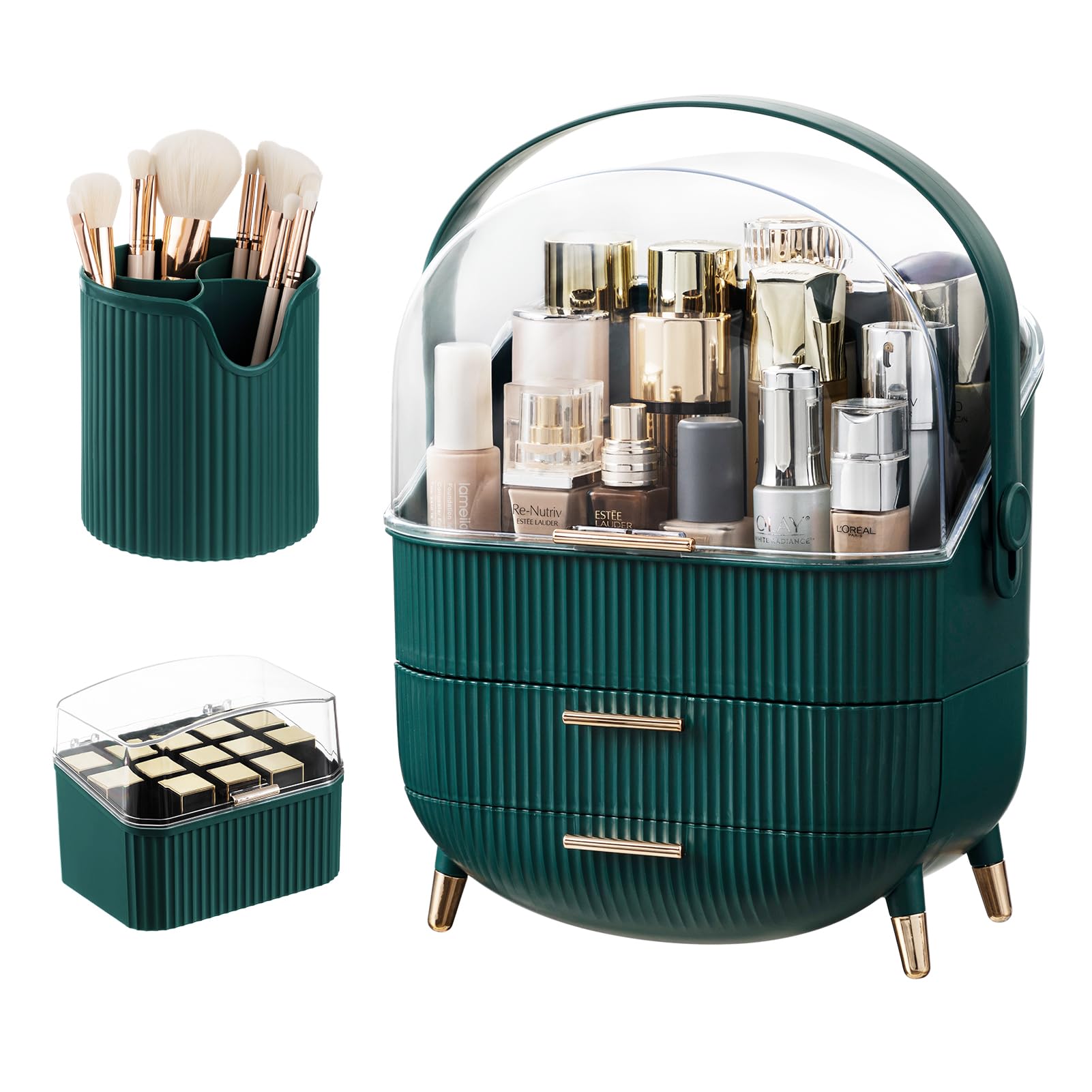 HBlifeMakeup Organizer for Vanity, Portable Waterproof Dustproof Bathroom Organizer and Storage with Lid, Cosmetic Display Case Skincare Organizers with Brush and Lipstick Organizer, Green