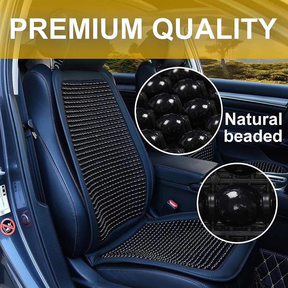 JSCARLIFE 2 coprisedili universali con perline in legno naturale, cuscino massaggiante per auto e camion, quattro stagioni e traspirante, rende la guida più sopportabile durante i lunghi viaggi (nero