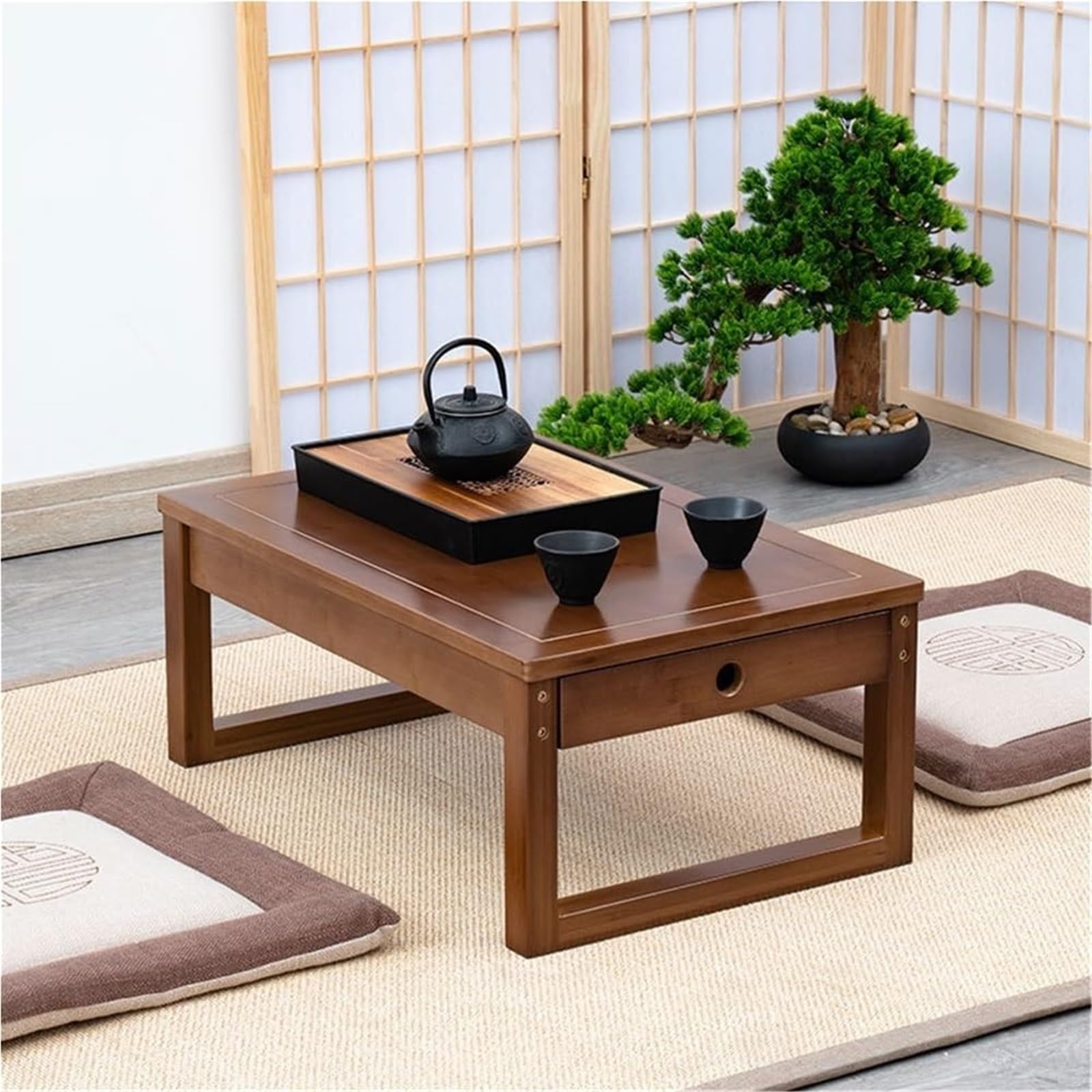 Table Basse Japonaise Minimaliste 80x50x35 cm avec tiroir de rangement