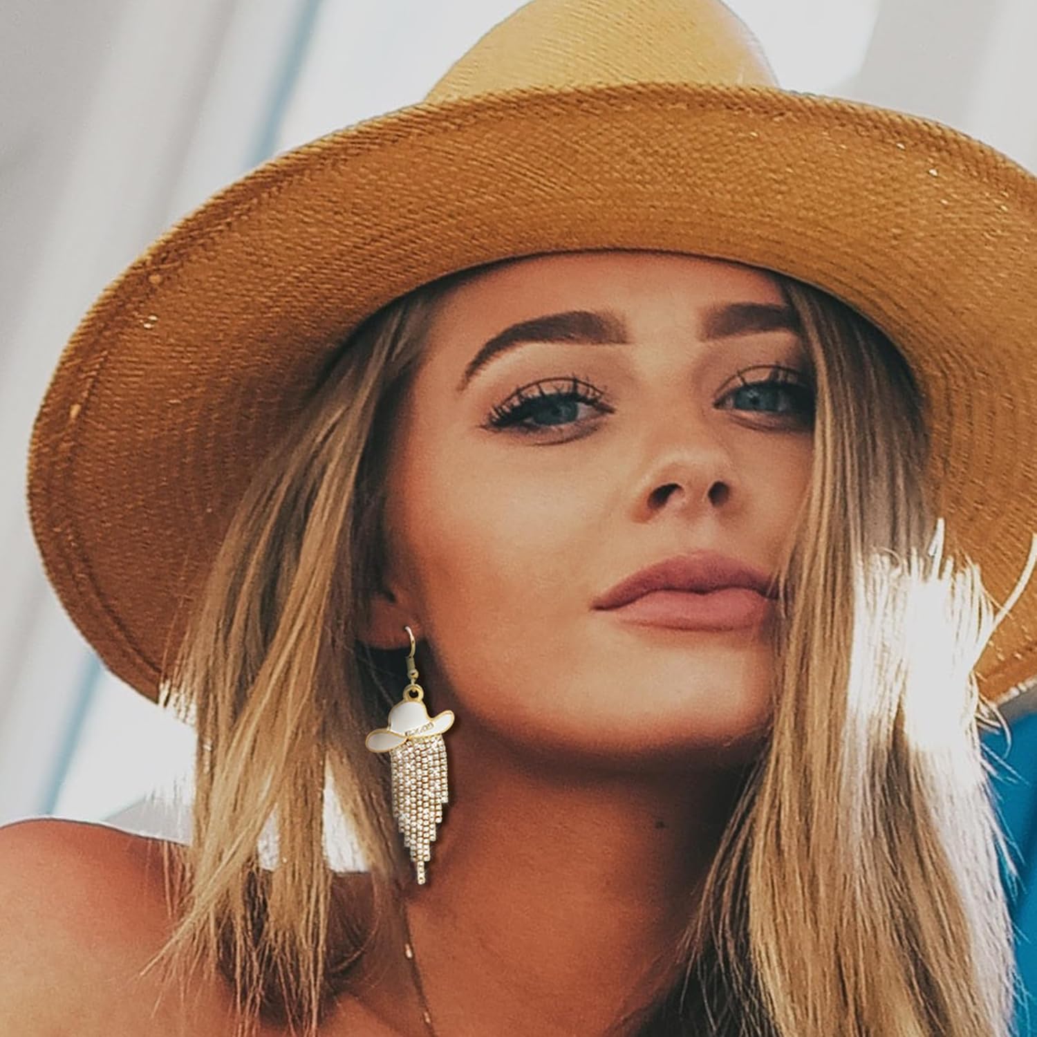 RechicGu Western Cowgirl Enamel Hat Sparkly Rhinestone Tassel Dangle Earrings Prom Country Concerts Rodeo Cowboy Outfits Jewelry Gift for Women - Image 2