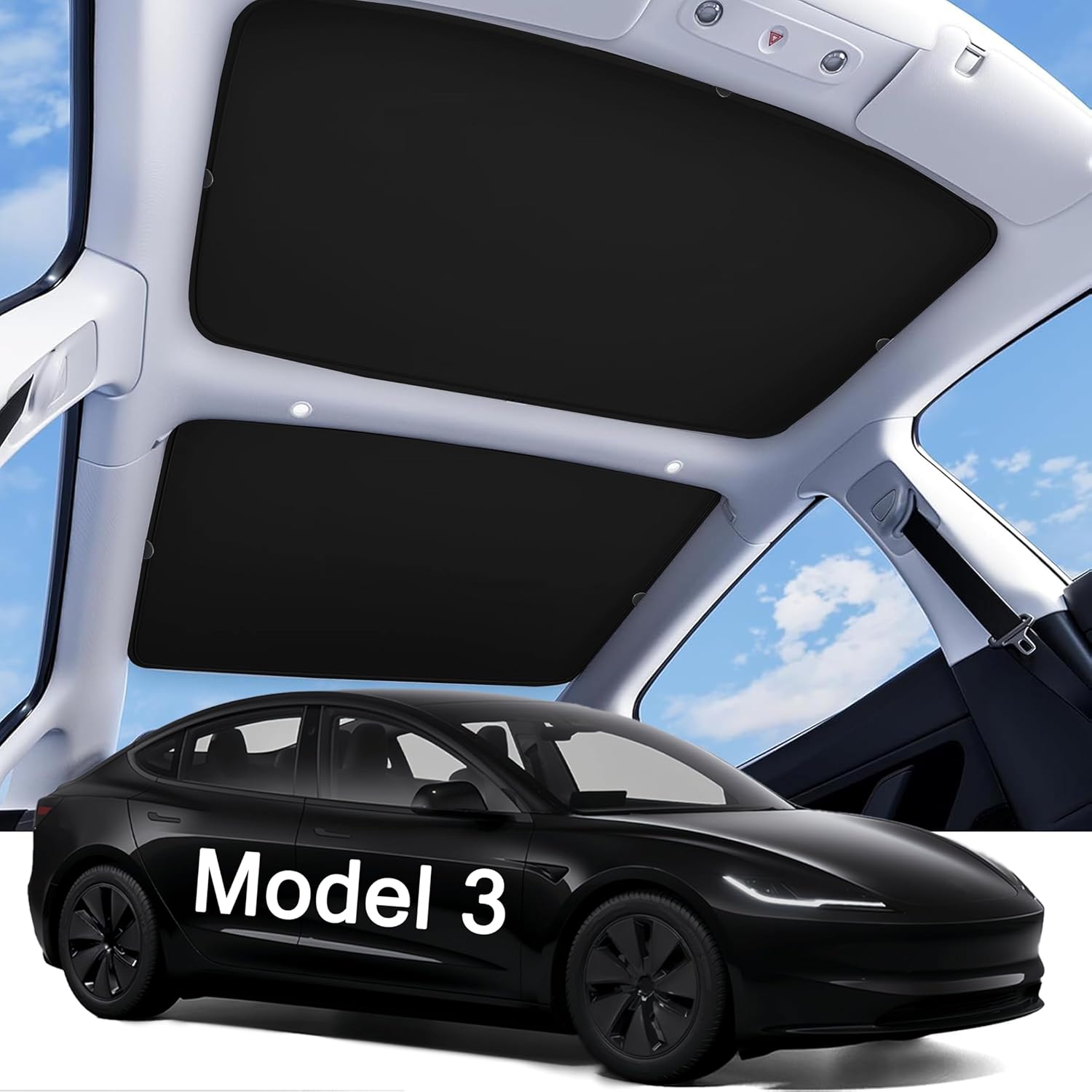 2025 upgraded tesla model 3 sunshade roof, upf200+ roof sunshade with storage bag, no-sag & no-gaps heat insulation foldable top windows windshield sun shade, tesla model 3 highland accessories black