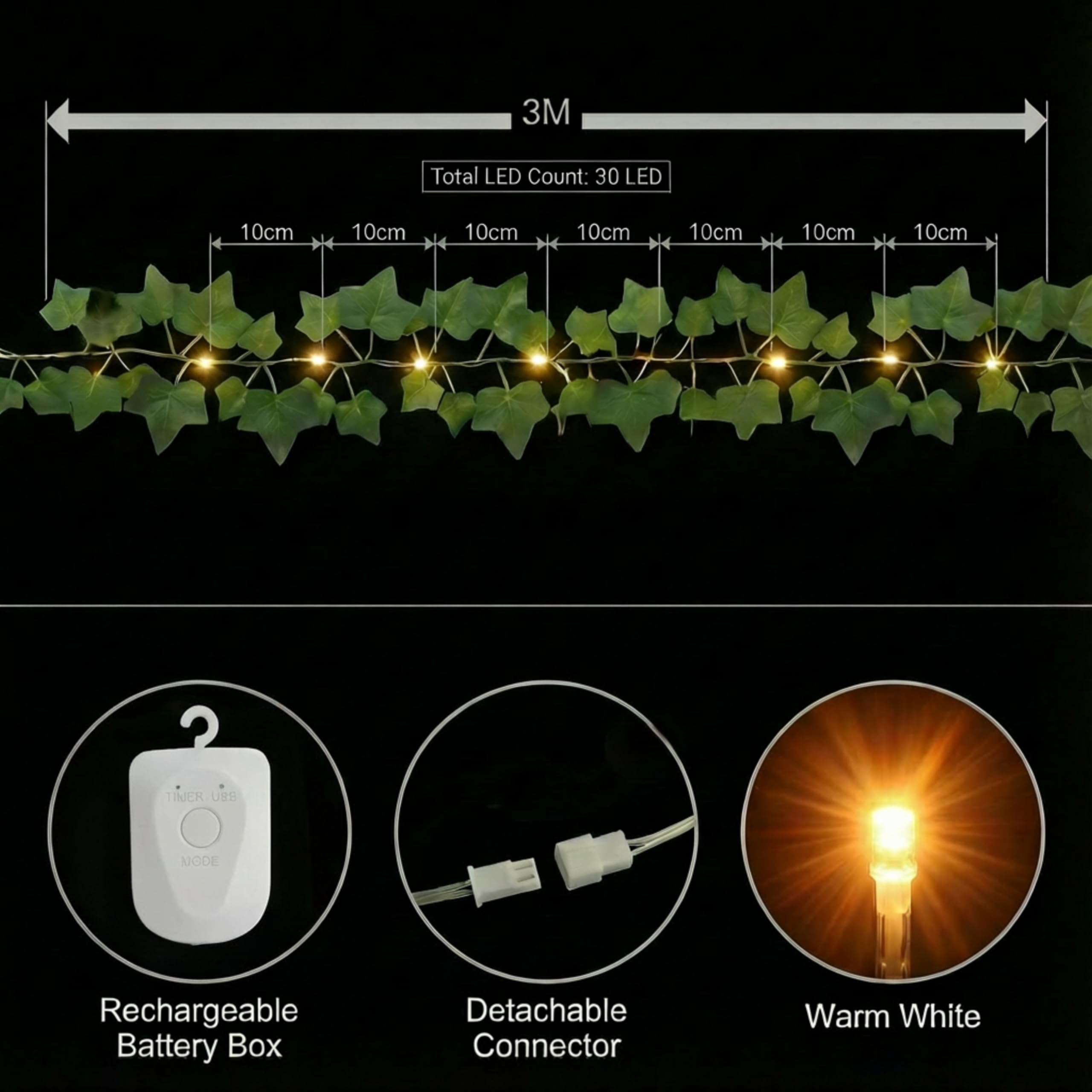 Luces de Hadas con Hojas,Luces LED de Hiedra Artificial, guirnalda de hiedra falsa de 3M con 30 LED, batería con 8 modos temporizador, USB para interiores, decoración para bodas fiestas
