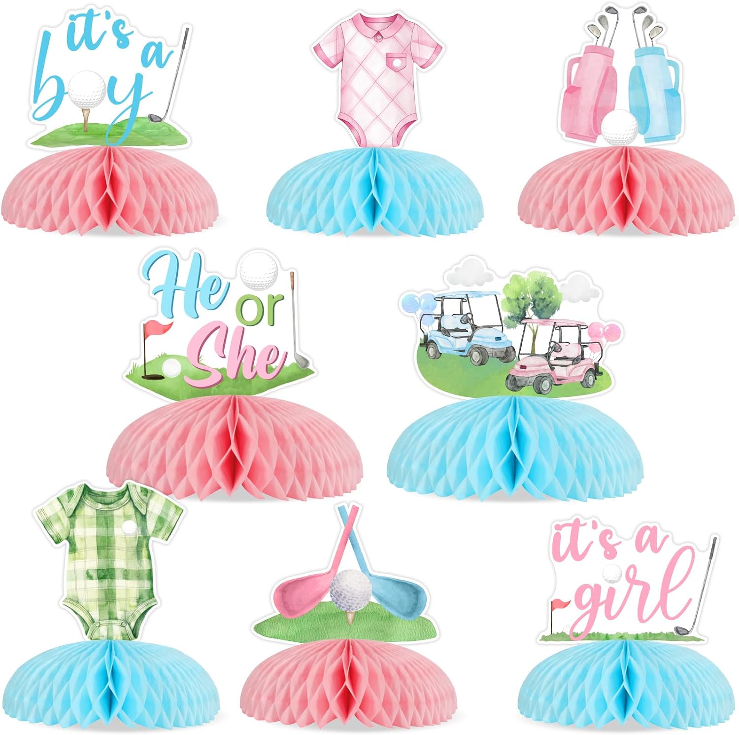 8 Pieces Golf Gender Reveal Honeycomb Centerpieces - Pink Blue Golf Gender Reveal Table Decorations, Double Sided He or She Table Toppers for Baby Shower Pregnancy Celebration Newborn Party