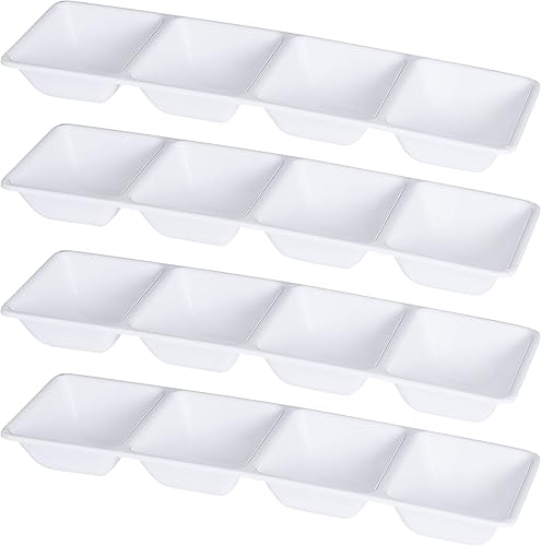Plasticpro Bandeja desechable de plástico rectangular de 4 seccionales, 5 x 16 pulgadas, color blanco, paquete de 4