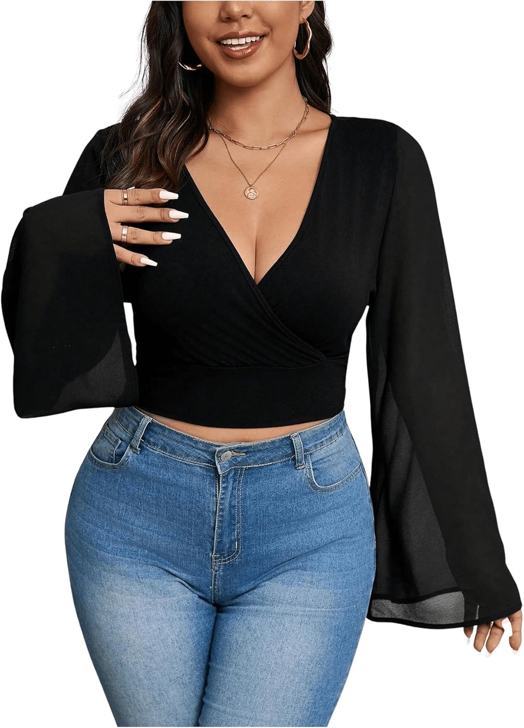 MakeMeChic Women's Plus Size Crop Top Bell Sleeve Tops V Neck Wrap Blouse Party T Shirts
