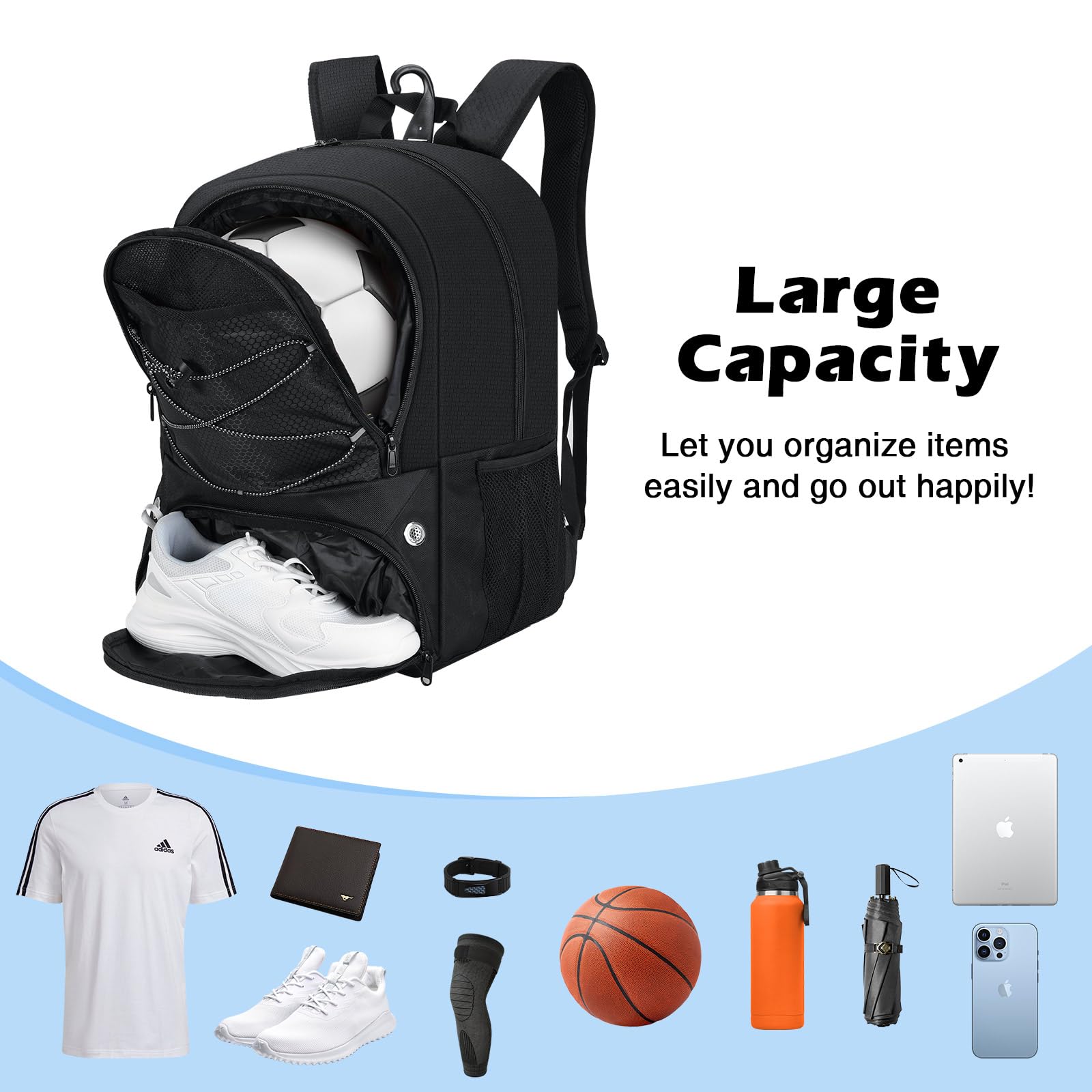 MoKo Soccer Bag Backpack, sac à dos de basket-ball pour hommes et femmes avec compartiments séparés