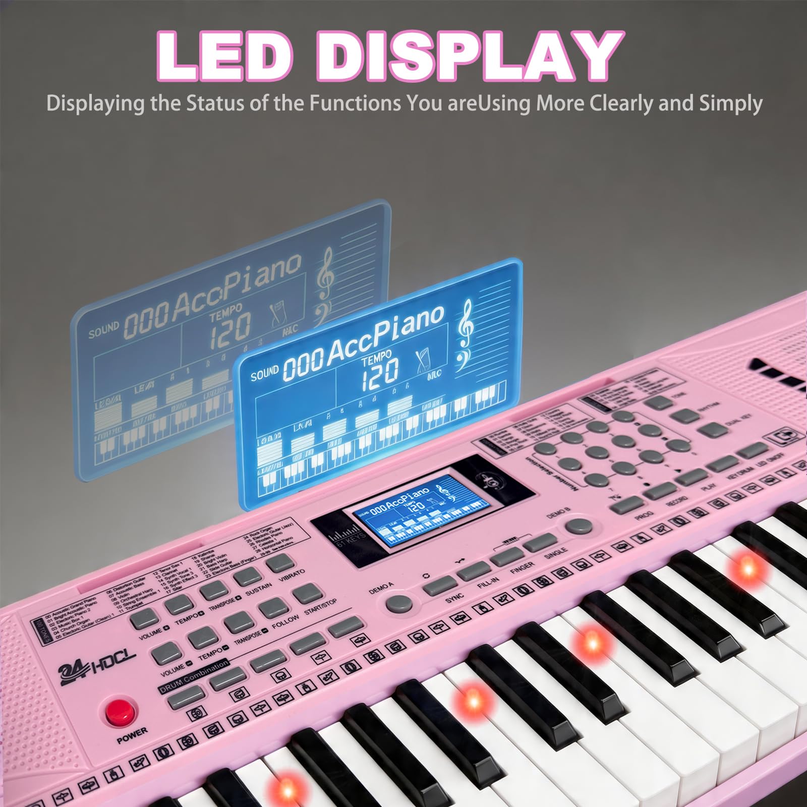 Elektronisches Keyboard Piano 61 beleuchtete Tasten für Kinder (Rosa) | Kids Keyboard Piano with 100 Voices, 100 Rhythms, Built-In Speaker, Microphone, Sheet Stand and Power Supply for Beginners