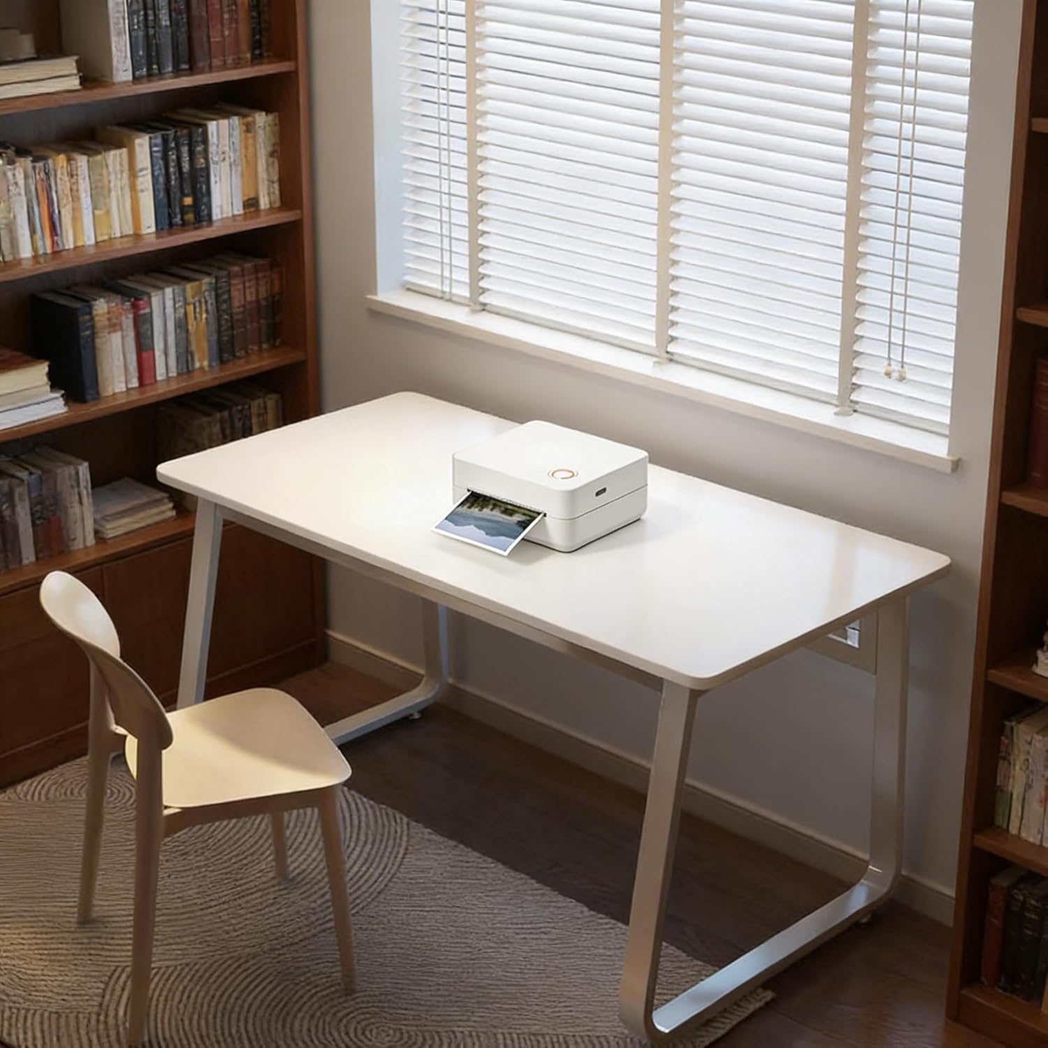 White Photo Printer Desk 4x6 Photo Printer with Seamless Workspace Design for White Tabletops