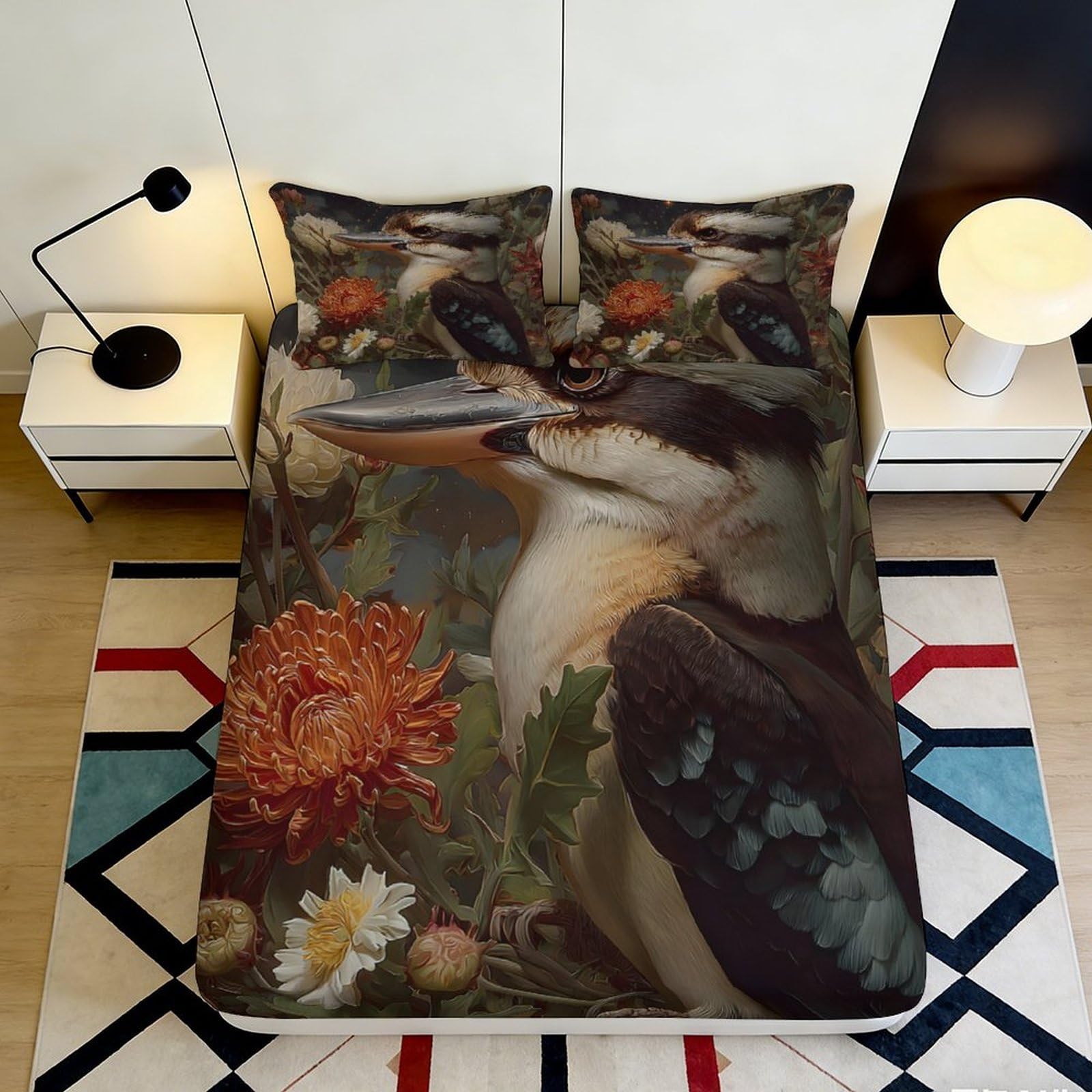 3D Printed Kookaburra Bird Fitted Sheet Microfiber Soft Breathable Floral Design Bed Cover for Bedroom Dormitory Guest Room Mattress Protection Decor 200x200x25cm