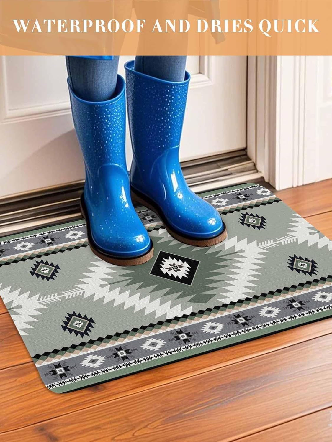 PIEPLE Sagge Green Boho Doormat Outdoor Entrance 18"x30", Country Southwest Aztec Geometric Absorb Moisture Dirt Door Mats, Non-Slip Rubber Backing Floor Mats Indoor, Low-Profile Front Door Rugs