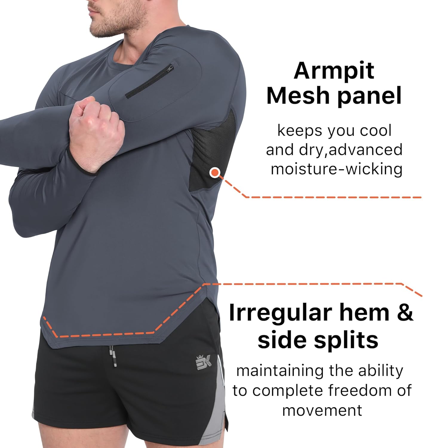 BROKIG Men's Armzip Long Sleeve Running Shirts Quick Dry Sun Protection UV UPF 50+ Jogging T Shirts Zip Pocket Gym Workout