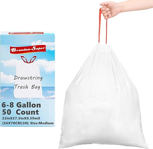 Bolsas de basura con cordón, 50 bolsas de basura para el hogar, la oficina y el baño, forros blancos sin perfume (8 galones)