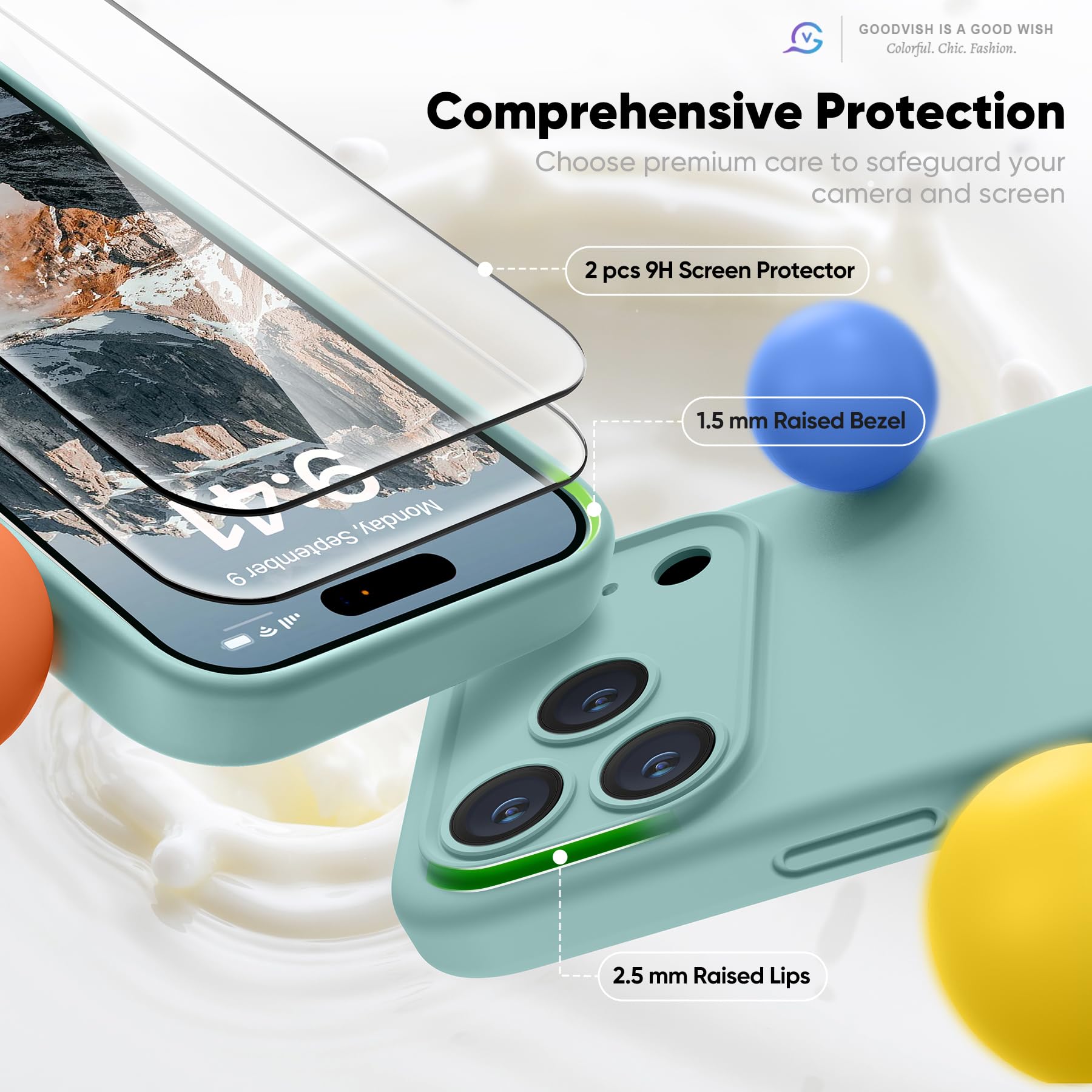 GOODVISH Silicone Cover per iPhone 17 Pro 6.3", Custodia con 2x Vetro Temperato [Pulsante Controllo Fotocamera] 360° Protezione Anticaduta Case per Cellulare Antiurto Resistente, Teal