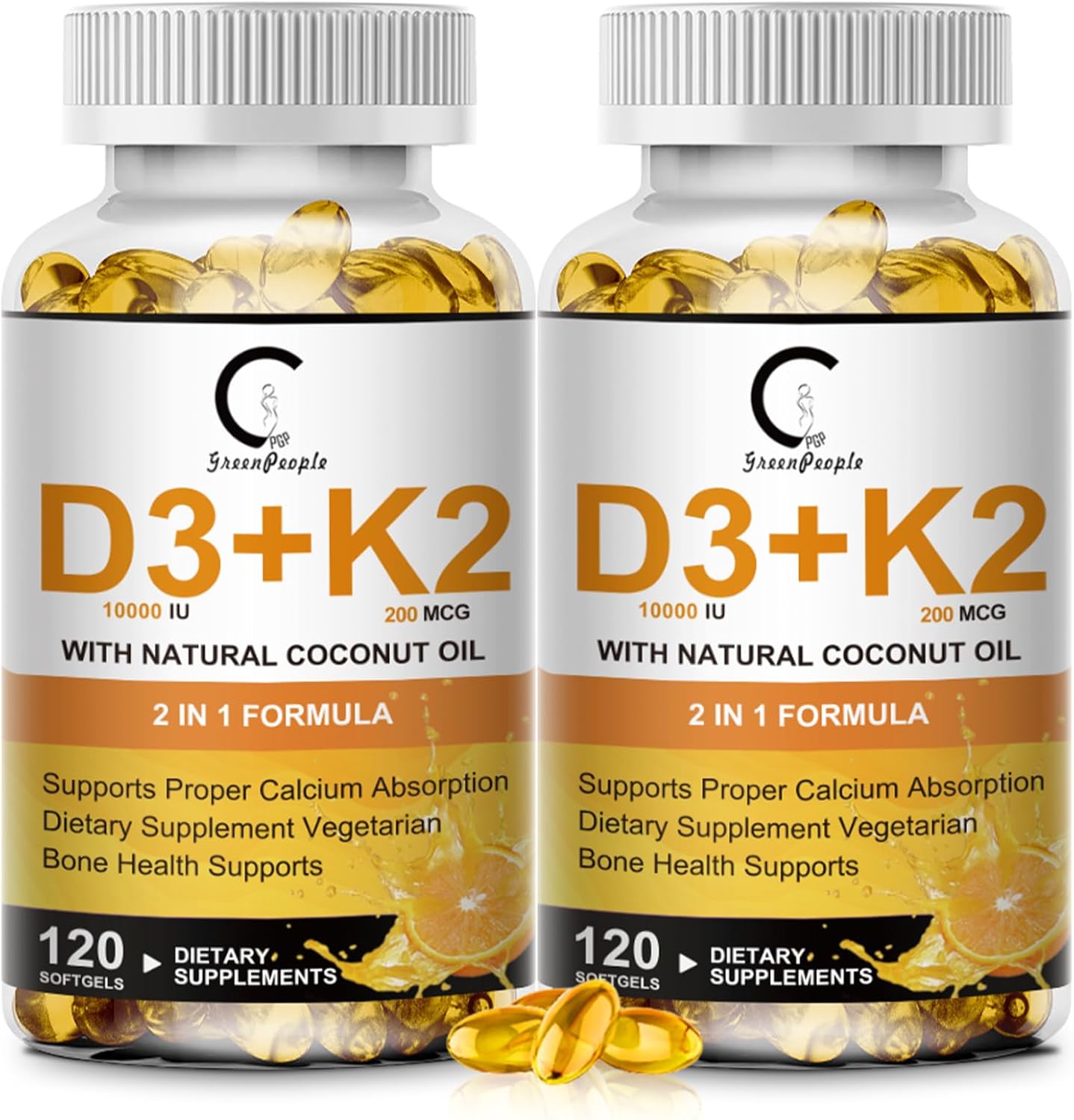 Vitamin D3 K2 Supplement with Vitamin D3 10000 IU, 200 mcg Vitamin K2 MK-7 & Natural Coconut Oil, Plant Based 2-1 Formula for Bone, Teeth, Muscle and Immune Health Support (120 Count (Pack of 2))