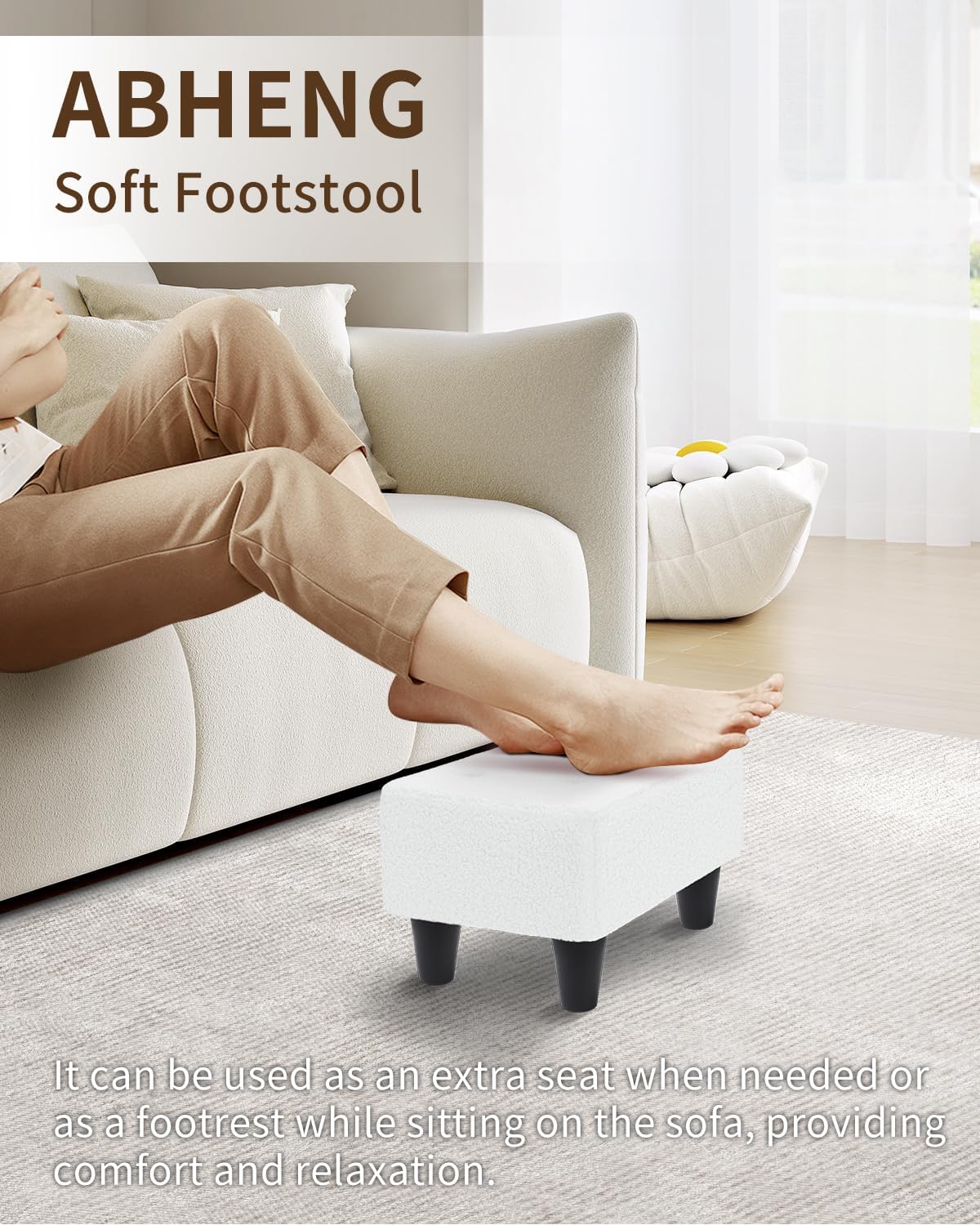 Foot Stool Ottoman, Small Sofa Foot Rest with Plastic Legs, Rectangle Shoe Bench for Adult, Faux Teddy Fur,Cream White UASND52W - Image 3