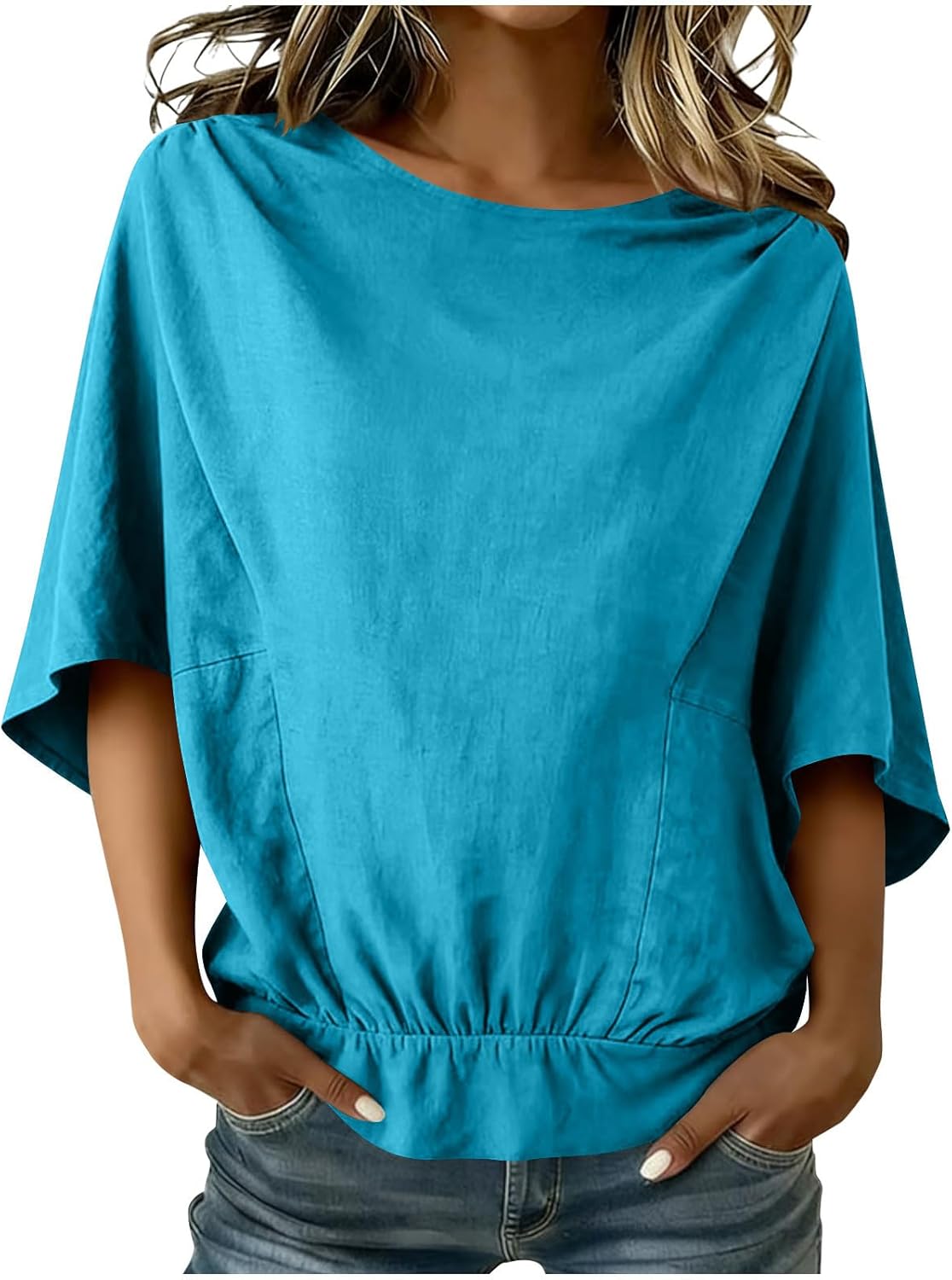 Linen Shirts for Women 3/4 Sleeve Casual Loose Fit Cotton Blouses Summer Beach Cute Tops Vacation Holiday Outfits