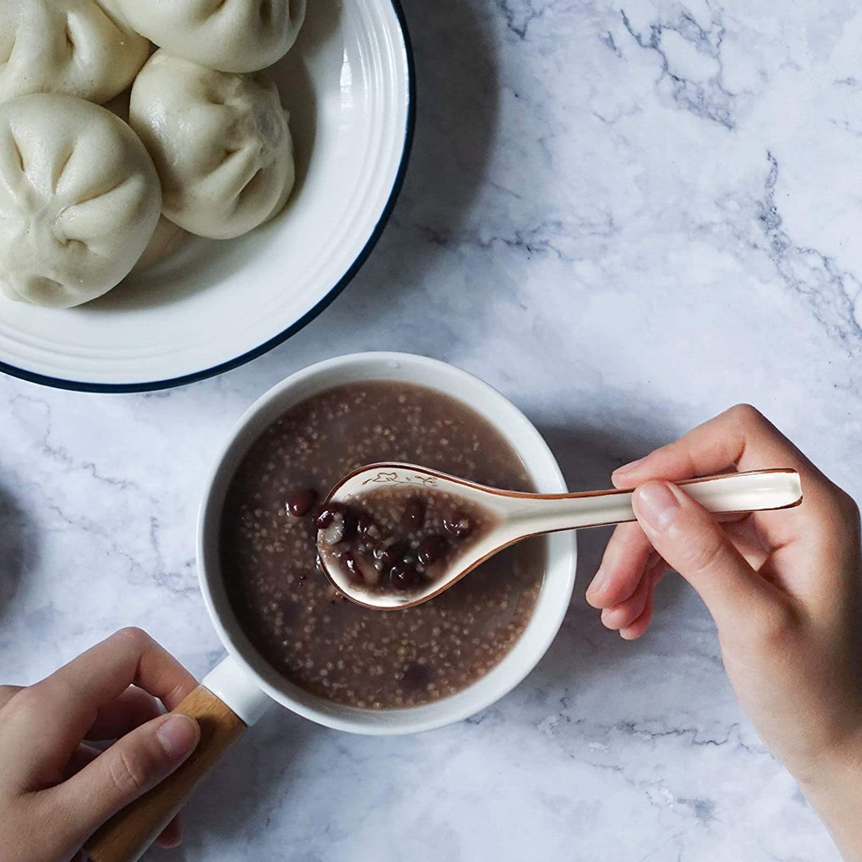 16 PièCes CuillèRes à Riz en CéRamique Chinoise RéTro Asiatique PoignéE CourbéE CuillèRe à Soupe Ramen CuillèRes à Fleurs Peintes à Long Manche