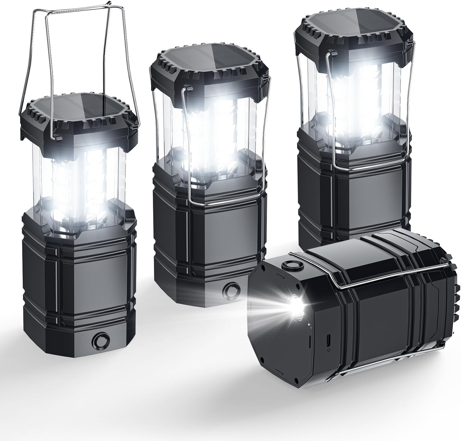 Photo voltaic Tenting Lantern 4 Pack, Rechargeable LED Lantern with Flashlight, USB-C & Photo voltaic Powered, Collapsible Emergency Lights for Hurricane, Energy Outages, Outside Use