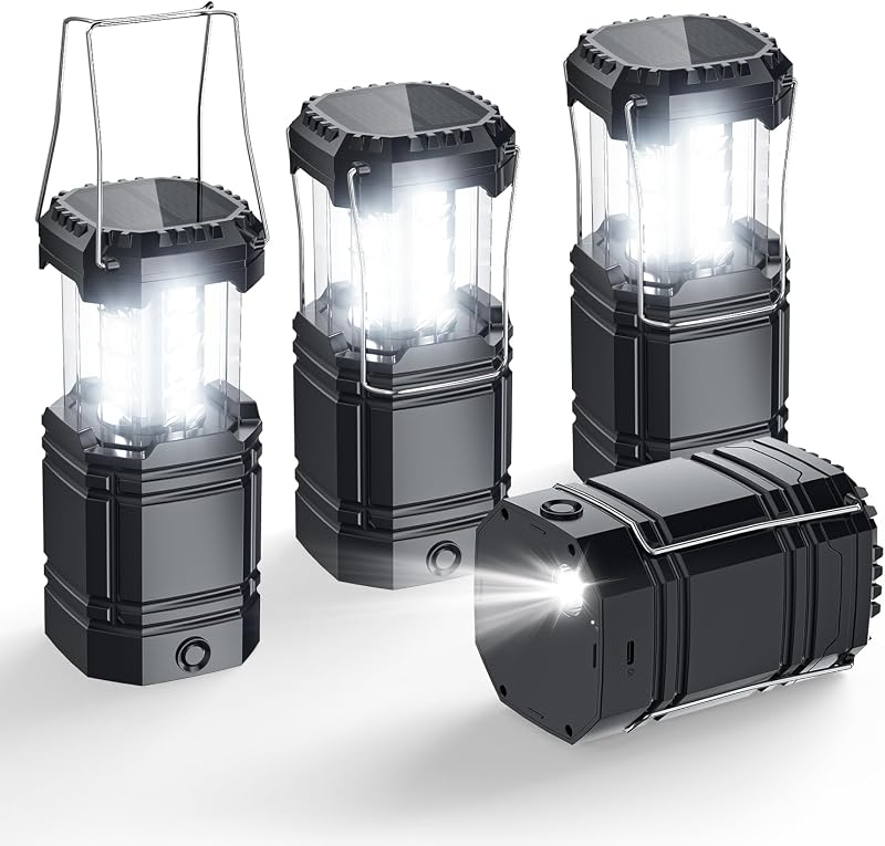 Solar Camping Lantern 4 Pack, Rechargeable LED Lantern with Flashlight | USB-C & Solar Powered, Collapsible Emergency lights for Hurricane, Power Outages, Outdoor Use