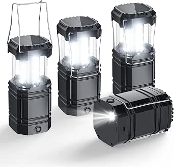 Solar Camping Lantern 4 Pack, Rechargeable LED Lantern with Flashlight, USB-C & Solar Powered, Collapsible Emergency Lights