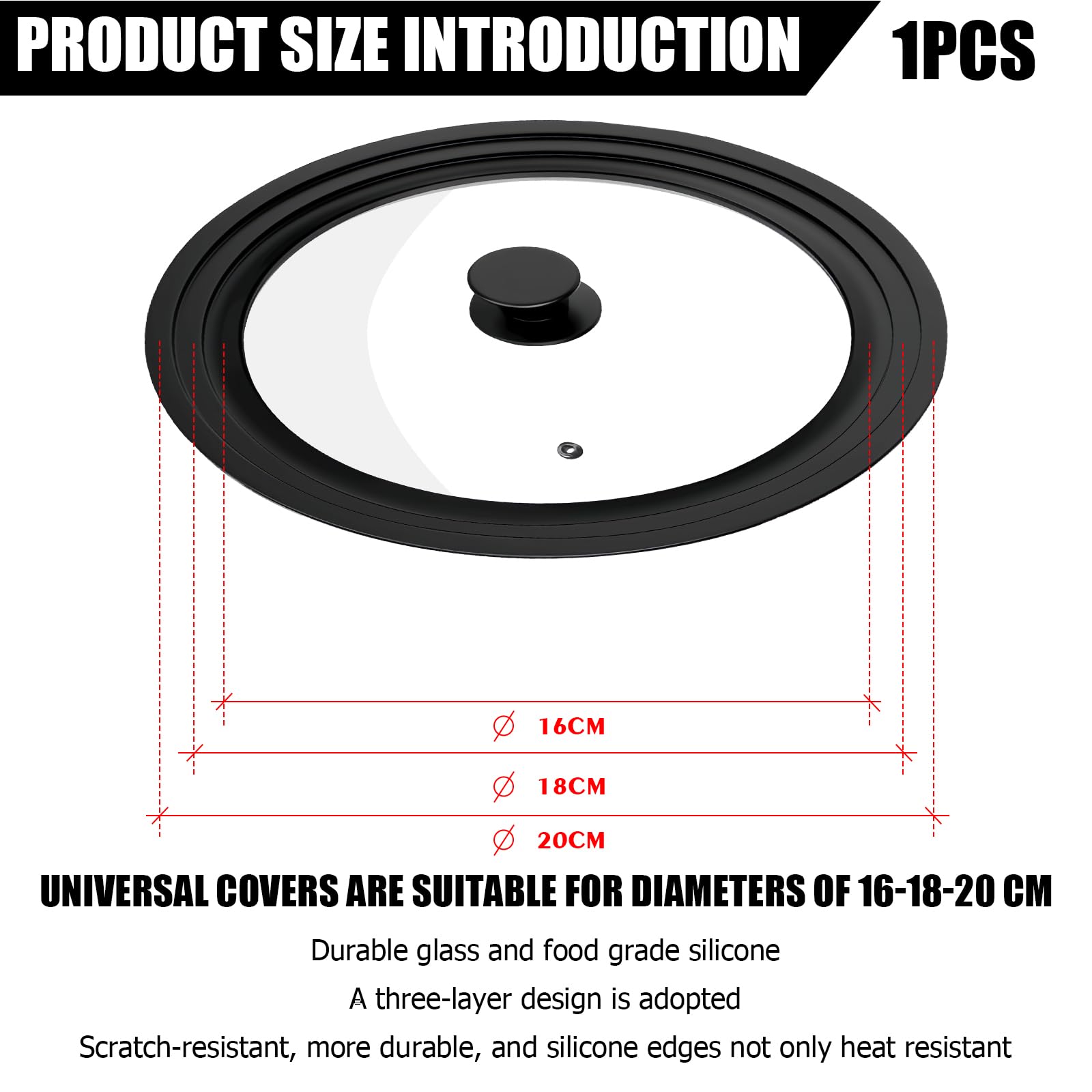 Coperchi universali 3 in 1 2 pezzi: coperchi per pentole Ø 16/18/20 cm e 24/26/28 cm per padelle, coperchi in vetro per pentole con bordo in silicone anti-scottatura