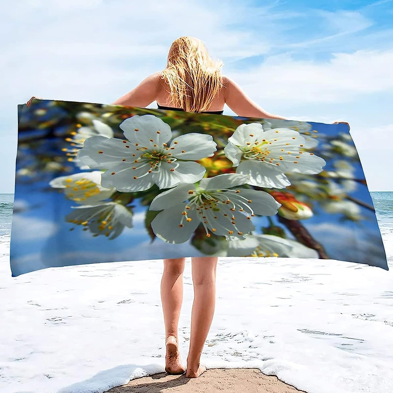 Serviette de Plage 200x200 Femme Homme Enfant, Drap de Plage XXL Serviette Plage Anti Sable à Séchage Rapide Grande Serviette Plage Fleurs Blanches, pour Bain, Piscine, Camping Plantes à Fleurs A515