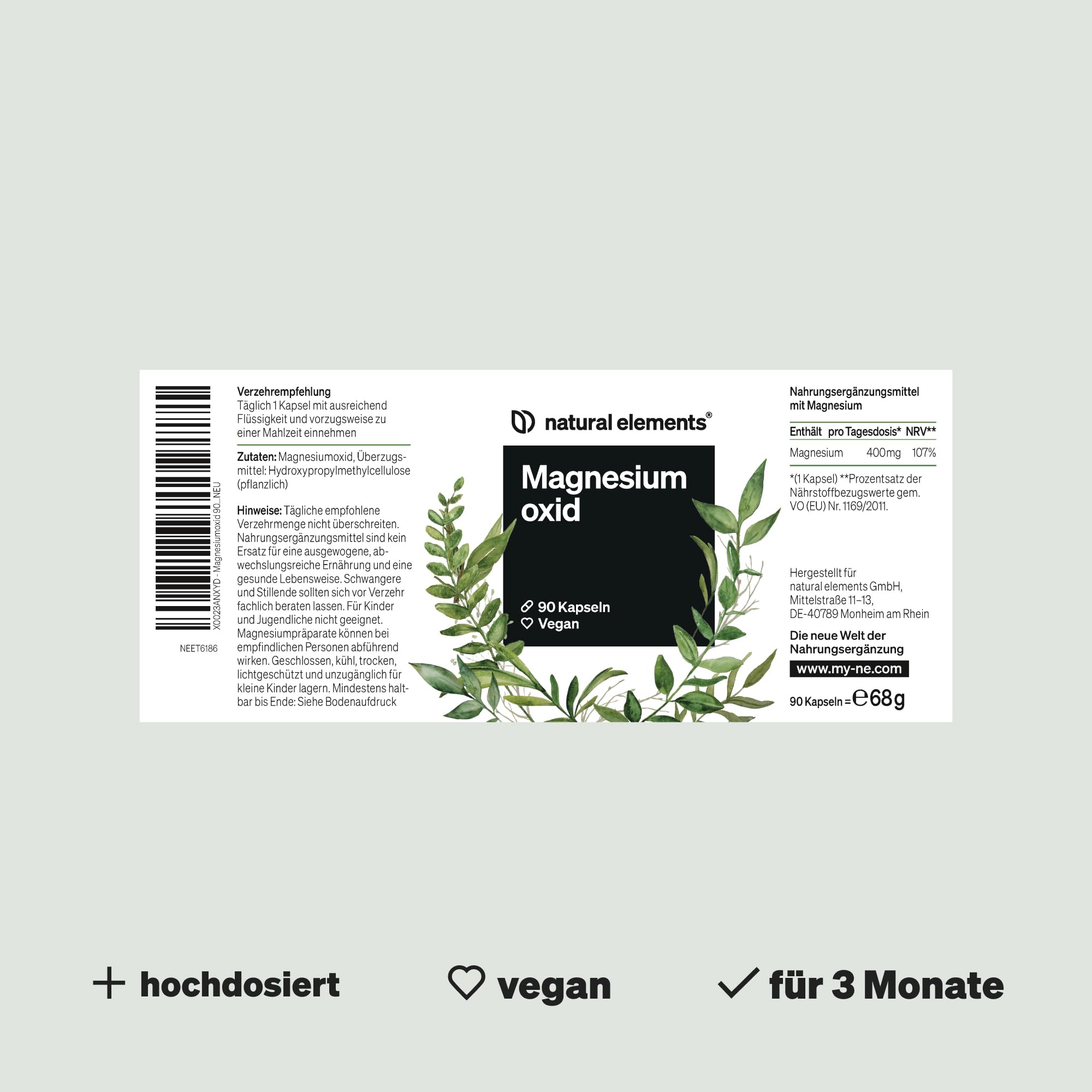 natural elements Magnesium - 365 Kapseln (Jahresvorrat) - 667mg, davon 400mg elementares Magnesium pro Kapsel - Laborgeprüft, hochdosiert, vegan