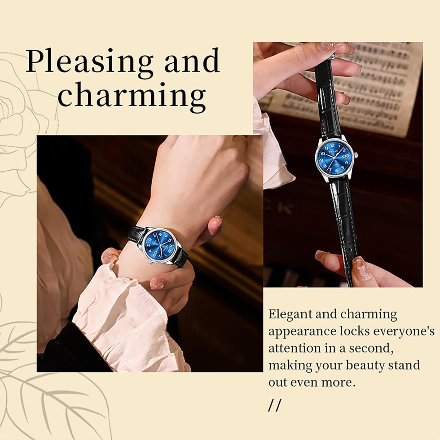 Dress Watches for Women Waterproof Leather Watch Ladies Watches Analog Quartz Small Wrist Watch with Date, Large Arabic Number Easy Read Casual Classic Elegant Watch Brown/Black Band Blue Face-Black Band-KMN-L8863 image 6 of 7 B0DQ86VZQ7