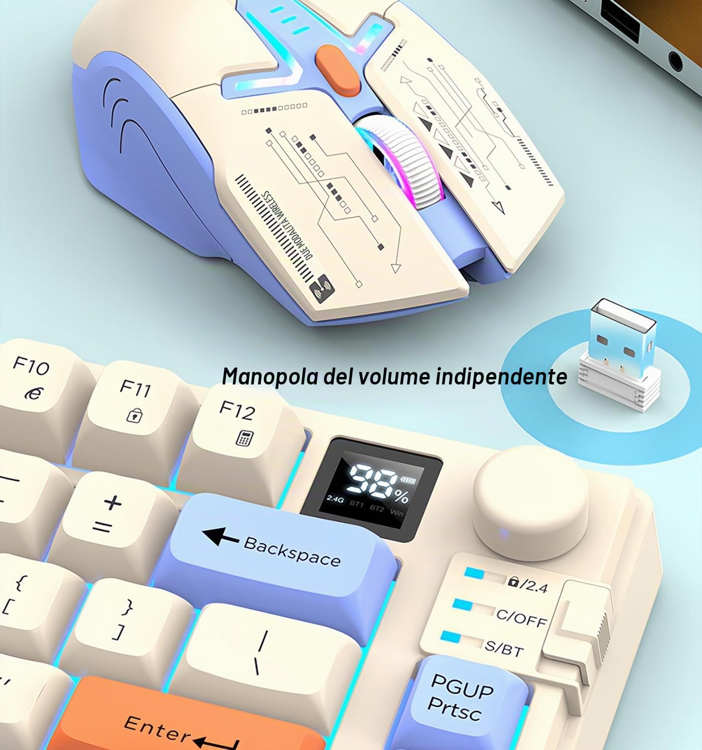 2.4G Tastiera e Mouse Wireless Combo con Dual Mode 80 Tasti Display Volume Manopola Colore Luce Mouse Ricaricabile Dpi Regolabile per Gaming PC Computer