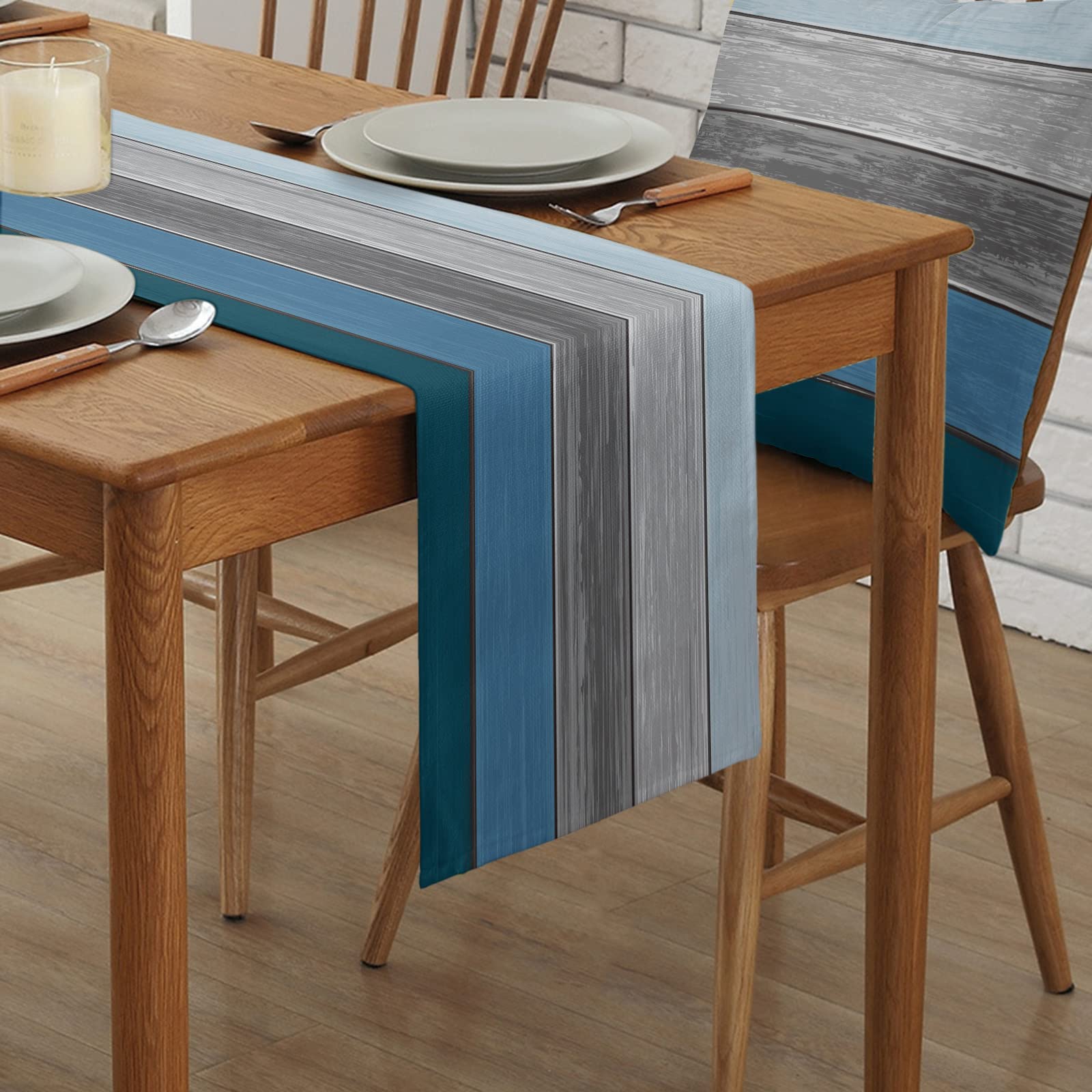 Chemin De Table Lin MAIXUN - 40x140 Cm, Bleu/Gris - Décoration Vintage