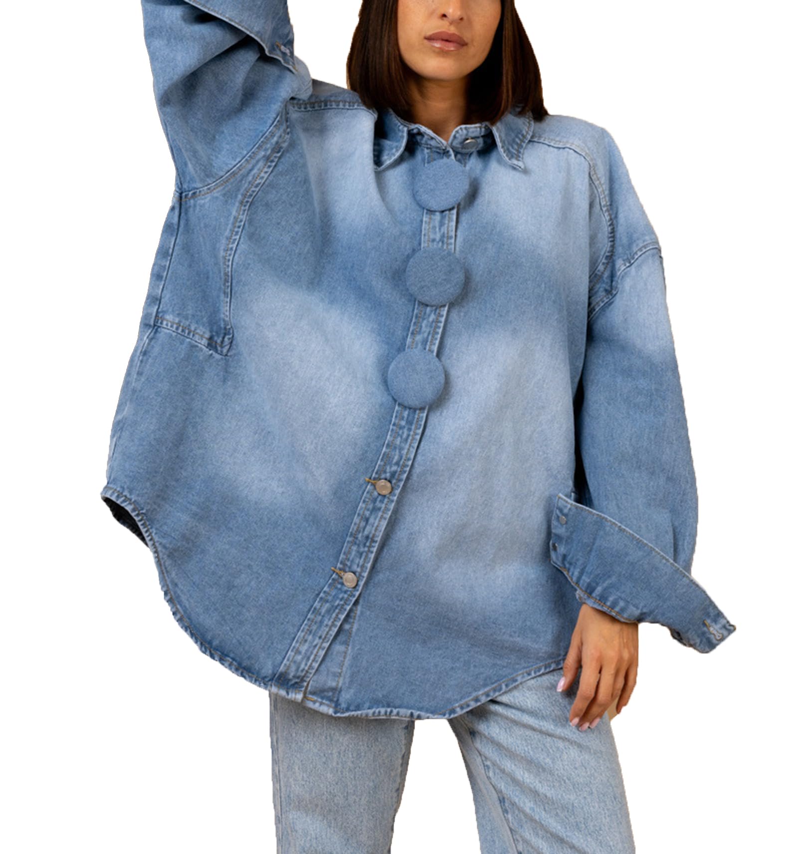 cffdviz Camicia di Jeans da Donna con Maniche Lunghe E Bottoni Giacca-Giubbotto Casual