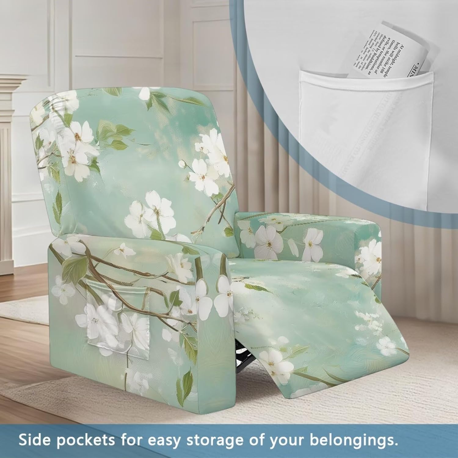 FOR U DESIGNS Floral White Green Recliner Chair Cover Set of 4 Pieces with Storage Pockets Non Slip Reclining Furniture Protector Washable Stay in Place for Single-Seater Use