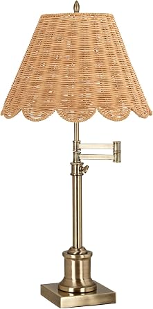 Westbury 35 1/2" Large Table Lamp Gold Adjustable Height Swing Arm Brass | Rattan Traditional Natural Cottage Living Room Bedroom Nightstand Bedside House Office Home Family Beige Shade end
