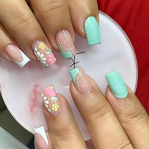 Miniatura 7 de JP2604 - 24 uñas cuadradas a presión en forma de ataúd medianas, francesas, simples, cremosas, caqui, con purpurina, uñas postizas acrílicas