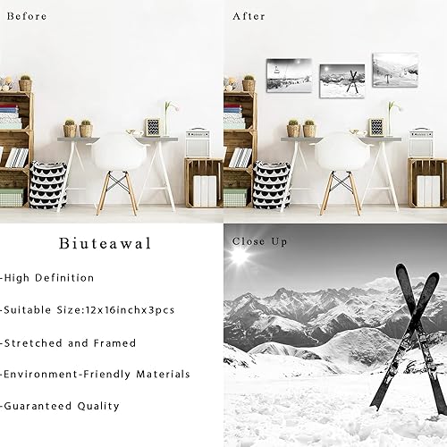 Miniatura 6 de Biuteawal Lienzo de esquí de 3 piezas, arte de pared en blanco y negro para remontar, tablas de snowboard al sol, pintura nevada de invierno,