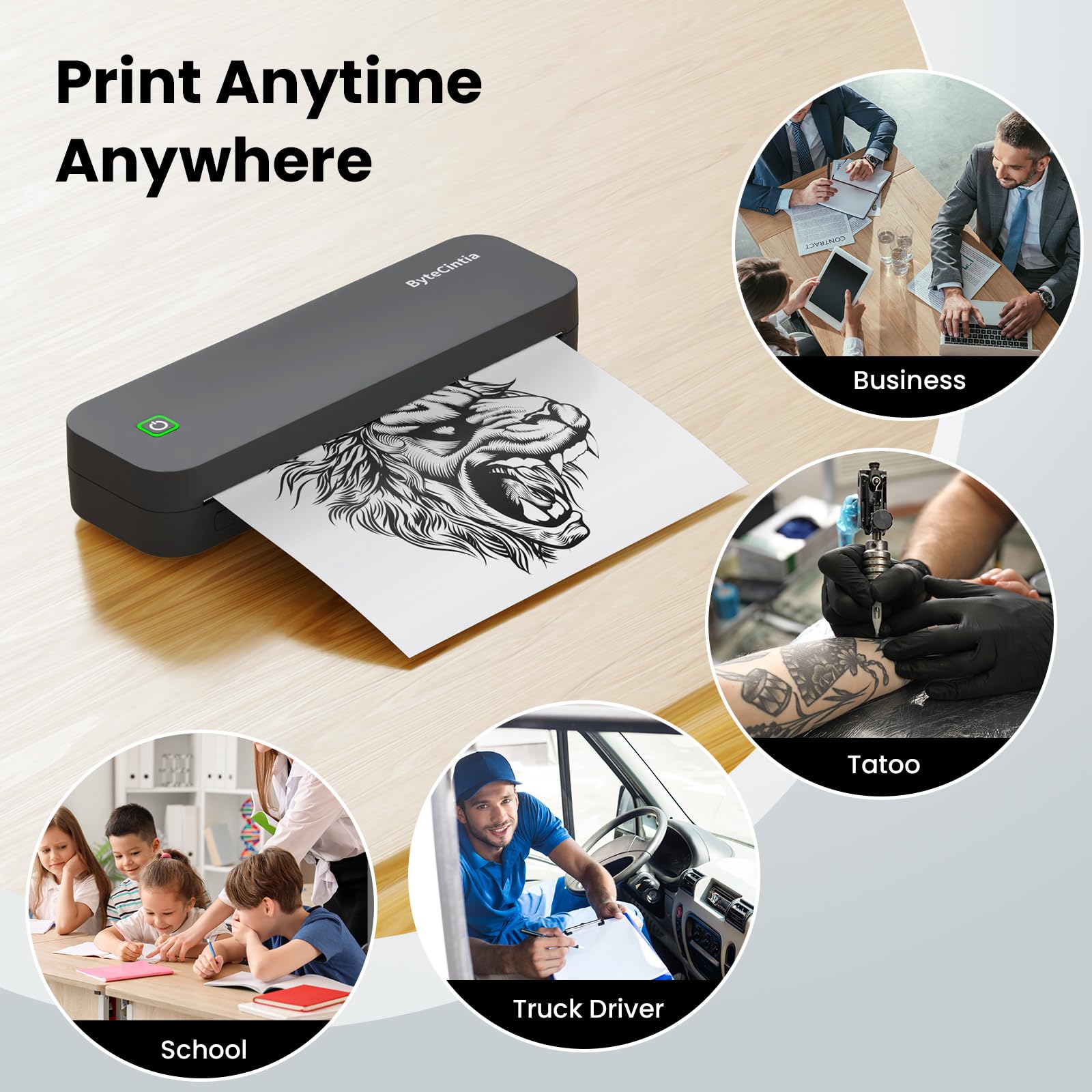Mobiler Drucker Bluetooth Thermodrucker A4, Tragbarer Drucker Inkless Printermit Android & iOS für Handy & Laptop, Unterstützt 210x297mm A4 Thermopapier, D80 Grau