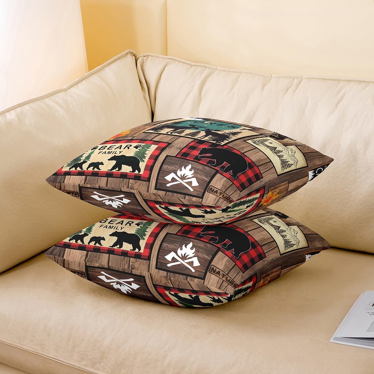 Pack of 4 Retro Cabin Throw Pillow Covers 16x16 Inch, Rustic Adventure Bear Deer Rug, Hunting Wild Animal Cushion Covers, Plaid Lodge Farmhouse Western Country Black Red Lattice Brown Cushion Cases