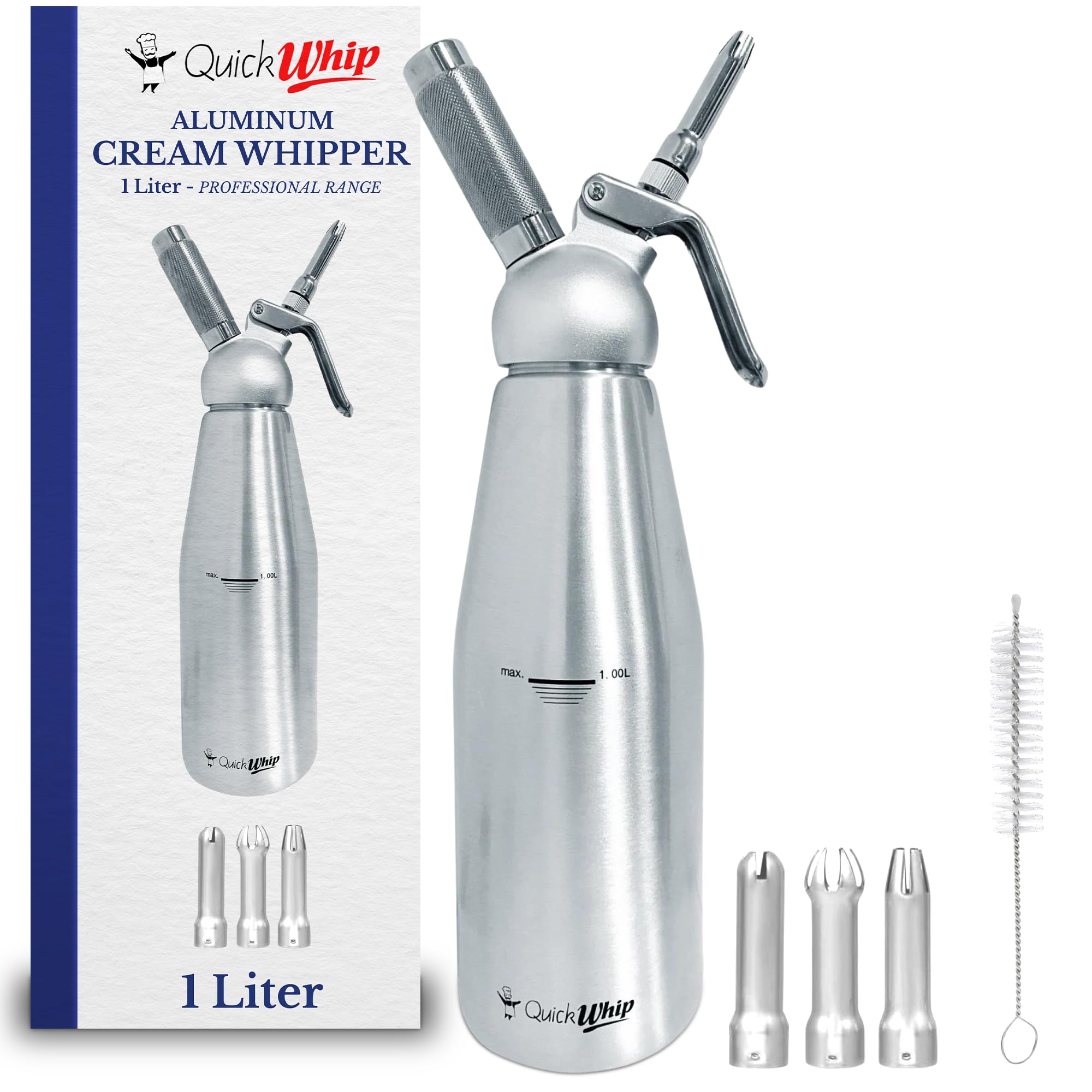 QuickWhip Aluminium Metal Whipped Cream Dispenser - Professional Cream Whipper, Full Canister with three decorating tip nozzles, 1 Liter (Silver)