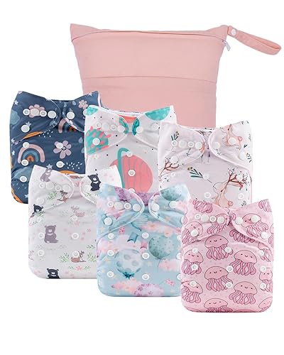 Miniatura 20 de babygoal Fundas de pañales de tela, paquete de 6 con bolsa húmeda para pañales ajustados y prepliegues con refuerzos dobles, ajustables y